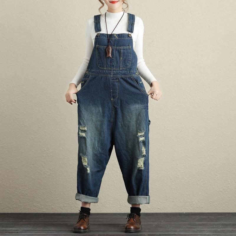 Damen Loose Holes Denim-overalls