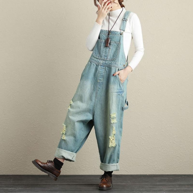 Damen Loose Holes Denim-overalls