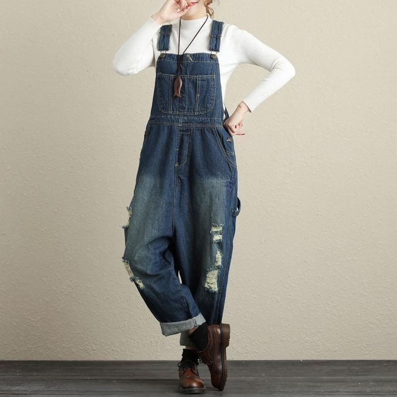 Damen Loose Holes Denim-overalls