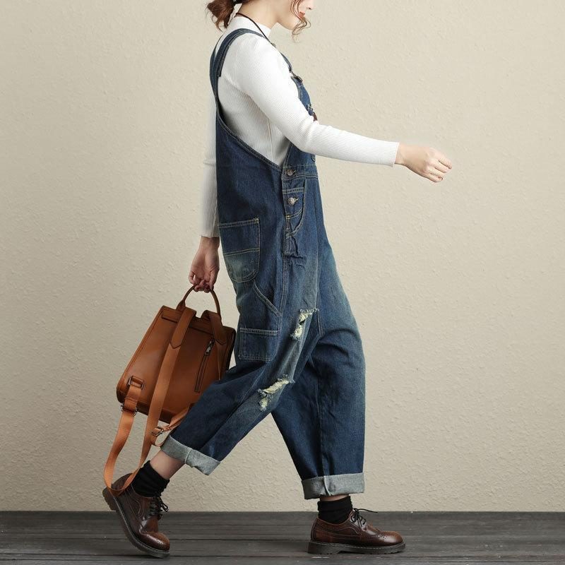 Damen Loose Holes Denim-overalls