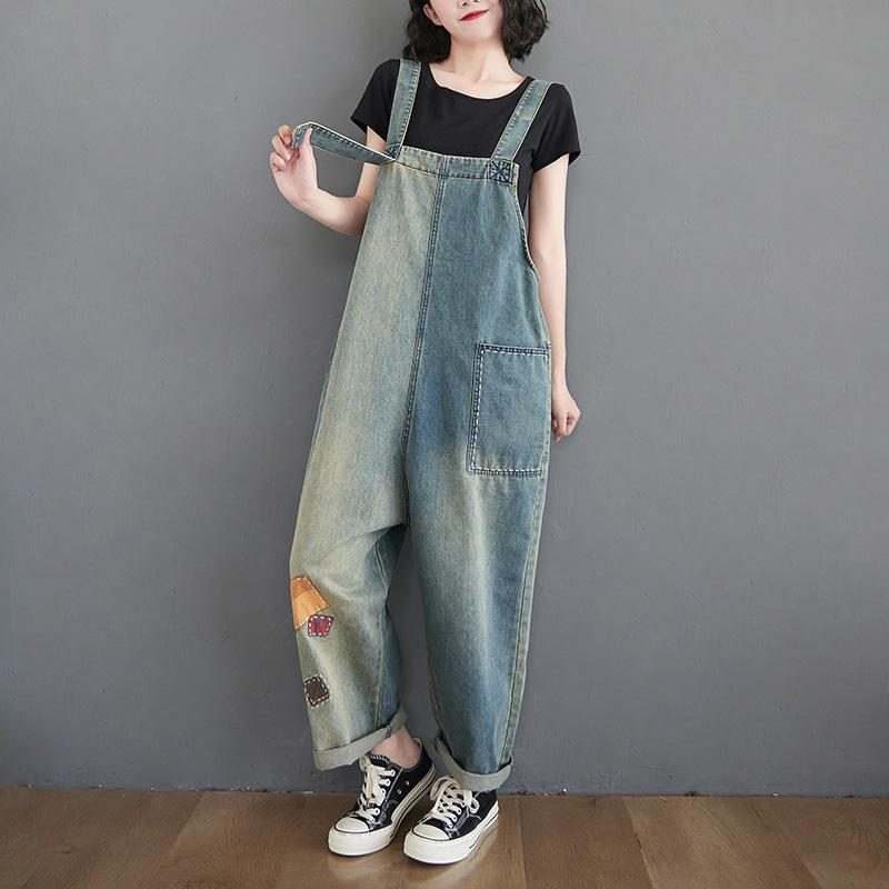 Damen-patch Loose Denim Straight Jumpsuit