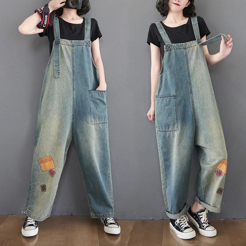 Damen-patch Loose Denim Straight Jumpsuit