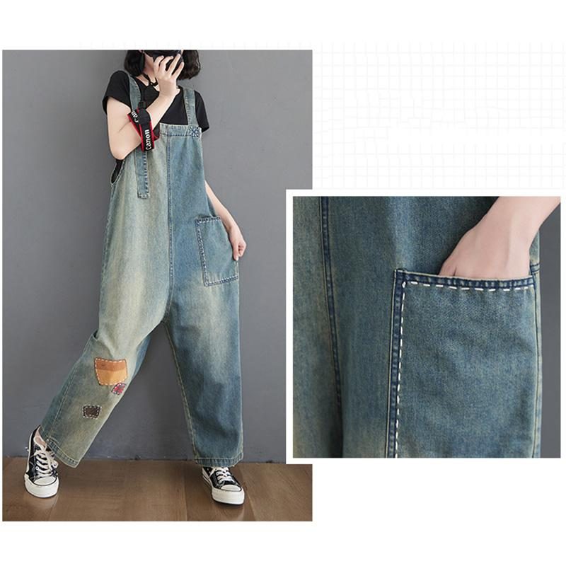 Damen-patch Loose Denim Straight Jumpsuit