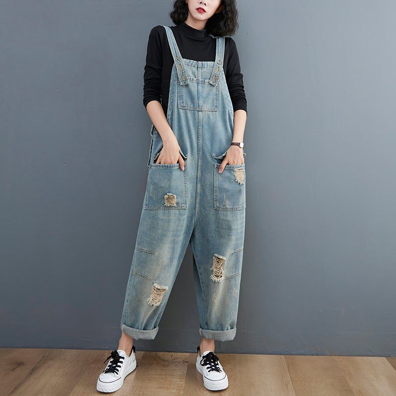 Frühlings-frauen-retro-loser Patchwork Zerrissener Denim-overall