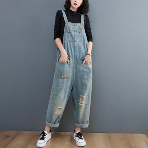 Frühlings-frauen-retro-loser Patchwork Zerrissener Denim-overall