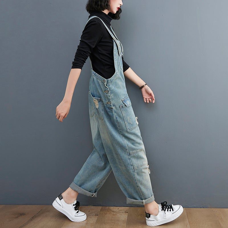 Frühlings-frauen-retro-loser Patchwork Zerrissener Denim-overall