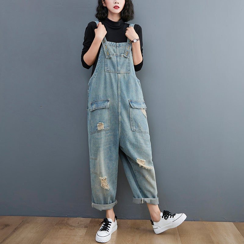 Frühlings-frauen-retro-loser Patchwork Zerrissener Denim-overall