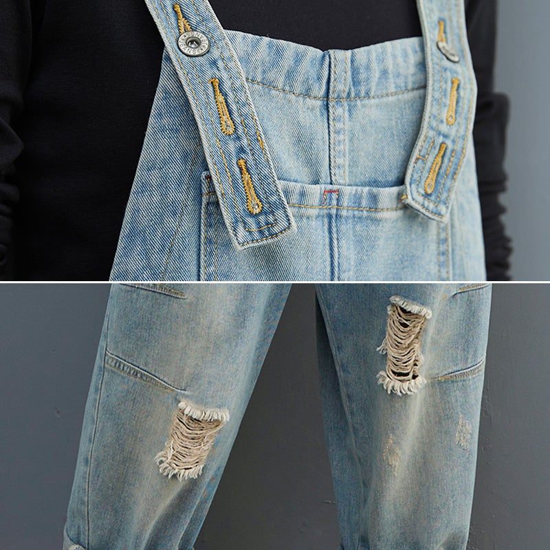 Frühlings-frauen-retro-loser Patchwork Zerrissener Denim-overall