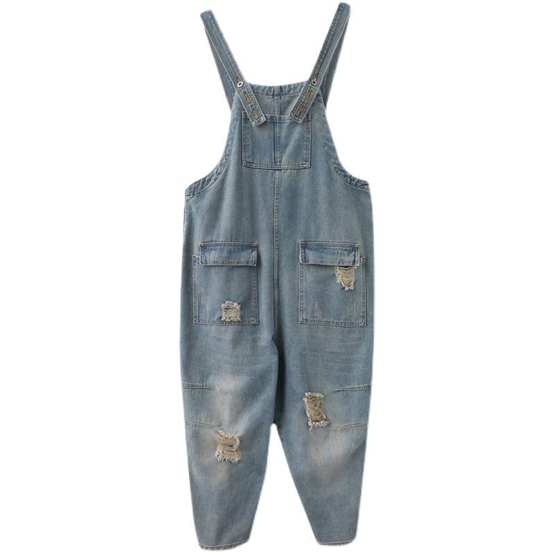 Frühlings-frauen-retro-loser Patchwork Zerrissener Denim-overall