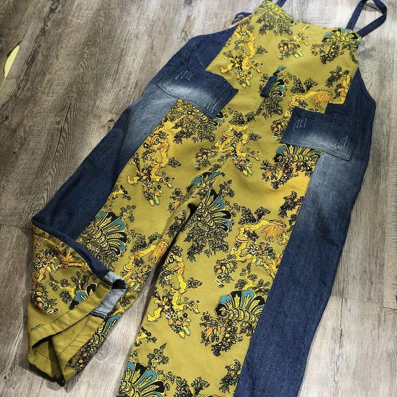 Frühlings-sommer-retro-lose Bedruckter Denim-overall Mit Blumenmuster