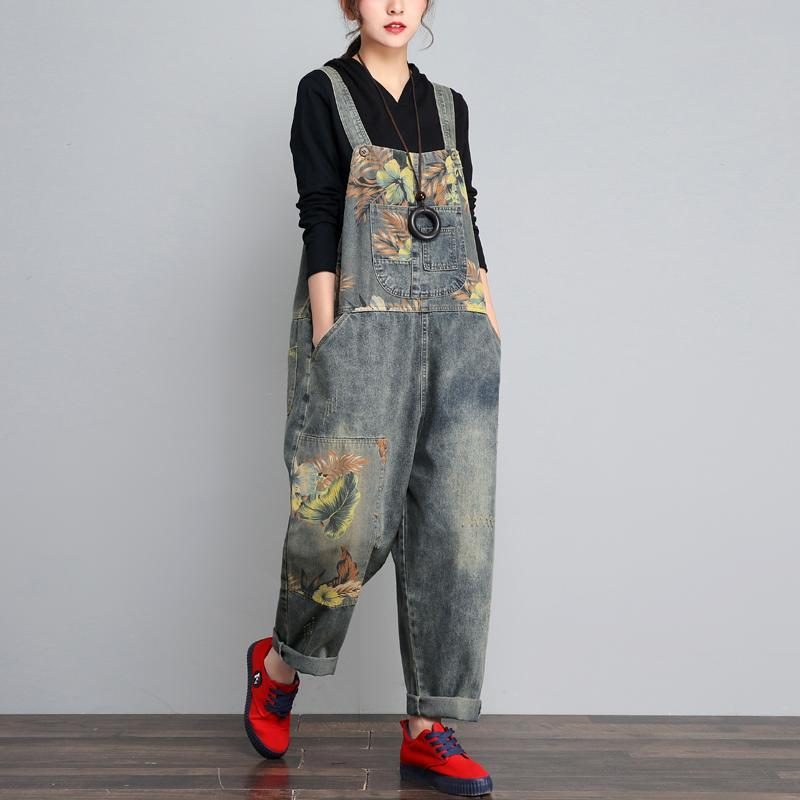 Herbst-winter-denim Lockerer Retro-druck Dünner Overall