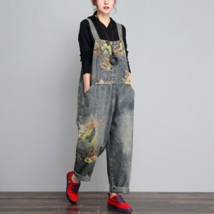 Herbst-winter-denim Lockerer Retro-druck Dünner Overall