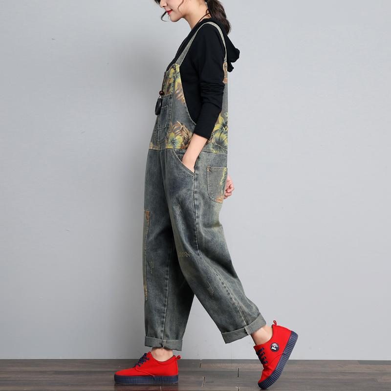 Herbst-winter-denim Lockerer Retro-druck Dünner Overall