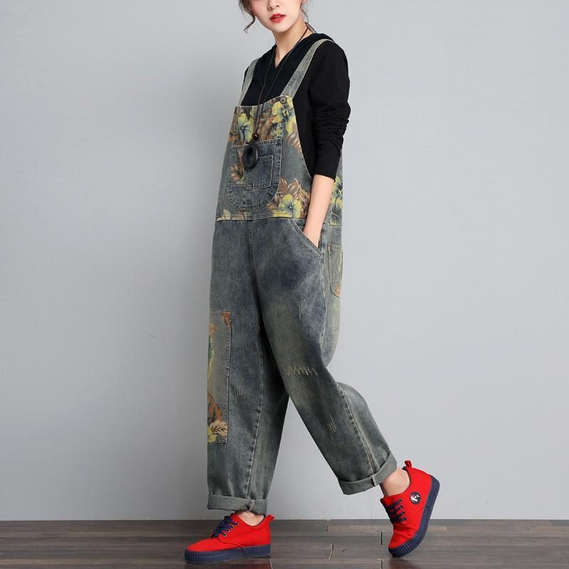 Herbst-winter-denim Lockerer Retro-druck Dünner Overall