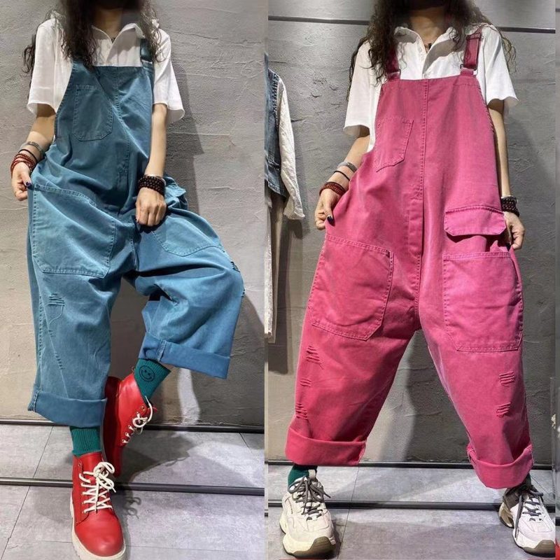 Sommerlicher Retro-jumpsuit Aus Baumwolldenim In Übergröße Mit Weitem Bein