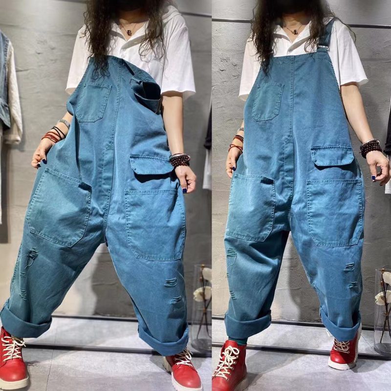 Sommerlicher Retro-jumpsuit Aus Baumwolldenim In Übergröße Mit Weitem Bein