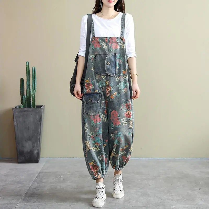 Spring Loose Floral Zerrissene Taschen Baumwoll-denim-overall