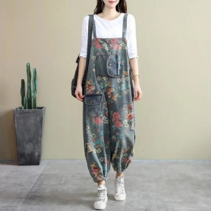 Spring Loose Floral Zerrissene Taschen Baumwoll-denim-overall