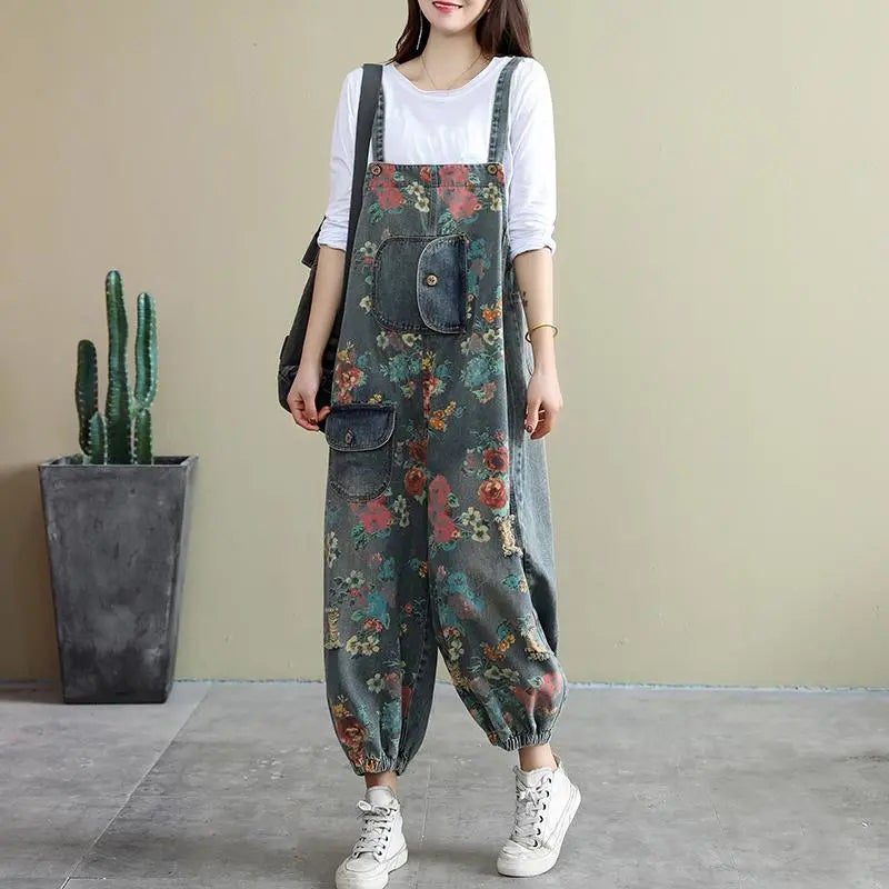 Spring Loose Floral Zerrissene Taschen Baumwoll-denim-overall