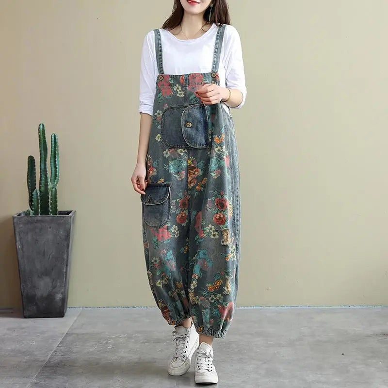 Spring Loose Floral Zerrissene Taschen Baumwoll-denim-overall