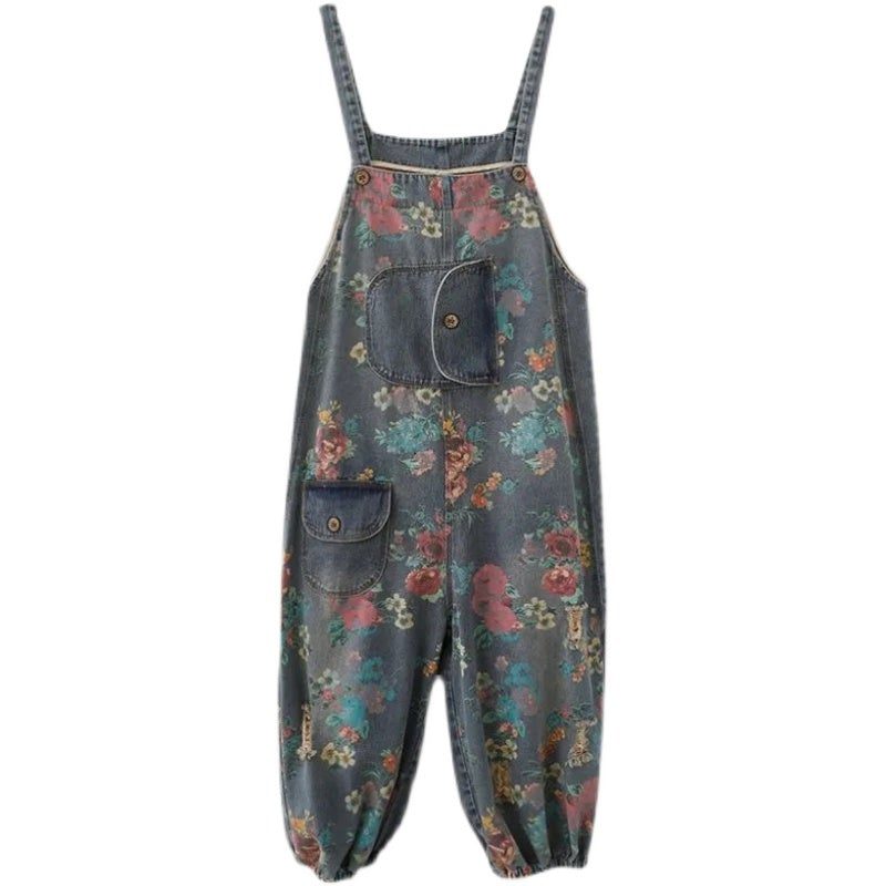 Spring Loose Floral Zerrissene Taschen Baumwoll-denim-overall