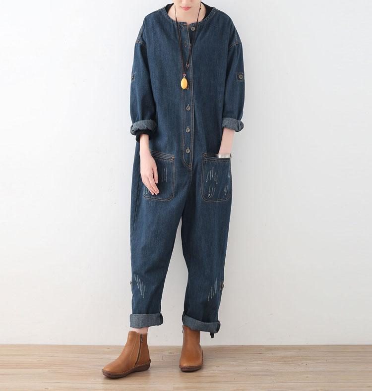 Spring Loose Large Size Langarm Blue Denim Cotton Tooling Jumpsuits