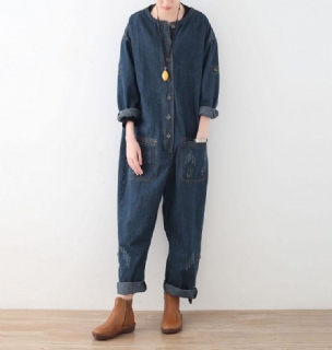 Spring Loose Large Size Langarm Blue Denim Cotton Tooling Jumpsuits