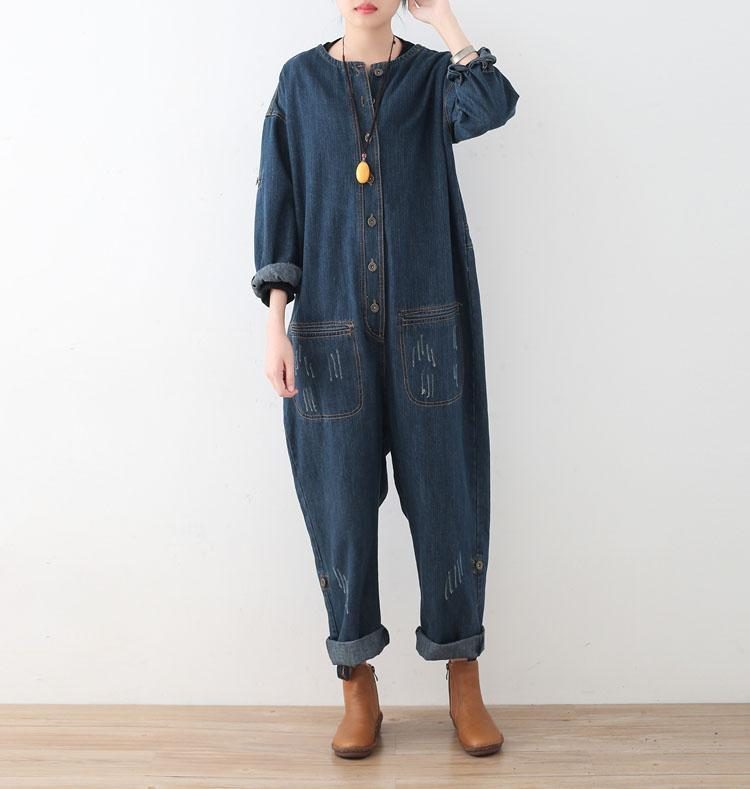 Spring Loose Large Size Langarm Blue Denim Cotton Tooling Jumpsuits