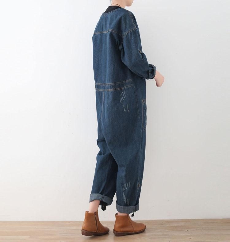 Spring Loose Large Size Langarm Blue Denim Cotton Tooling Jumpsuits