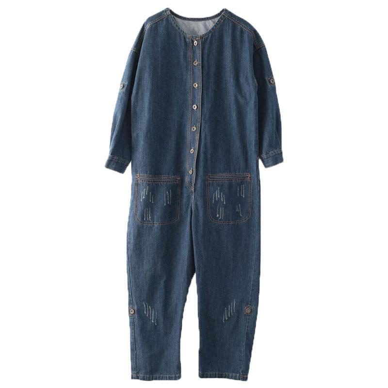 Spring Loose Large Size Langarm Blue Denim Cotton Tooling Jumpsuits