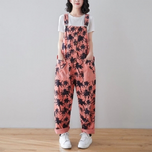 Spring Retro Plants Print Lockerer Denim-overall