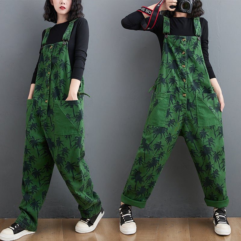 Spring Retro Plants Print Lockerer Denim-overall