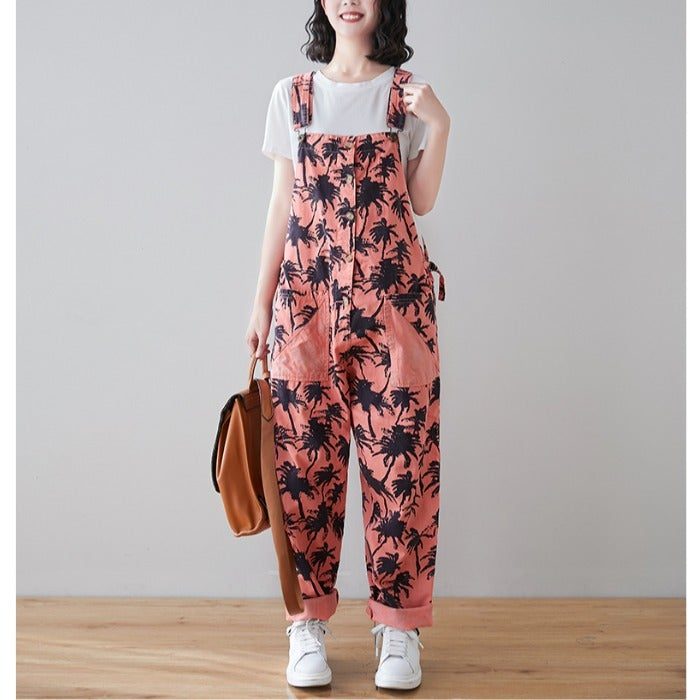 Spring Retro Plants Print Lockerer Denim-overall