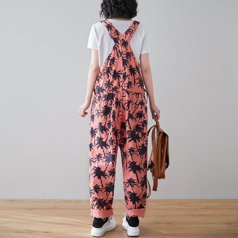 Spring Retro Plants Print Lockerer Denim-overall