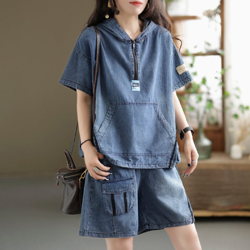 Sommer Damen Retro Patchwork Denim Set