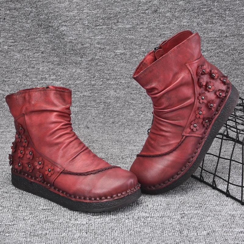 Bequeme Lederstiefel Mit Retro-blumenmuster Und Reißverschluss