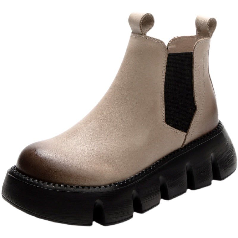 Damen Retro-lederstiefel Mit Rundem Kopf