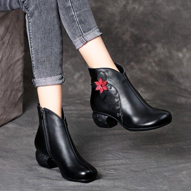 Damen Winter Frühling Plüsch Retro Blumen Leder Freizeitstiefel