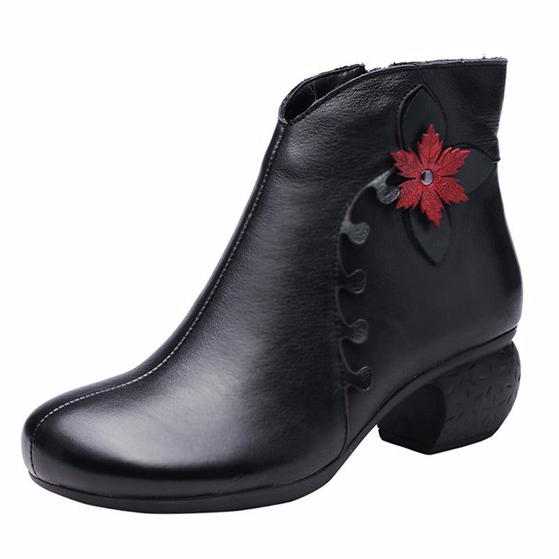 Damen Winter Frühling Plüsch Retro Blumen Leder Freizeitstiefel