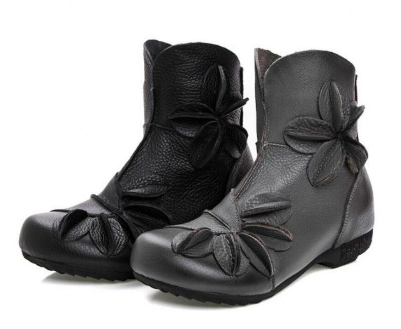 Ethno-blumen-flache Baumwollstiefel Aus Leder