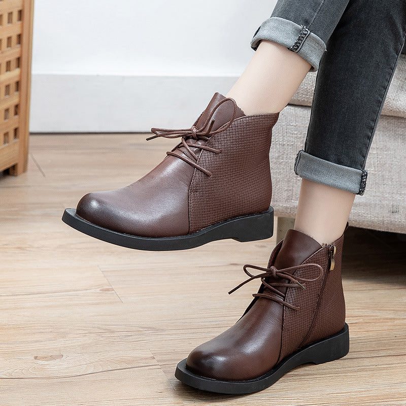 Frauen Frühling Herbst Retro Leder Stiefel Mit Rundem Kopf