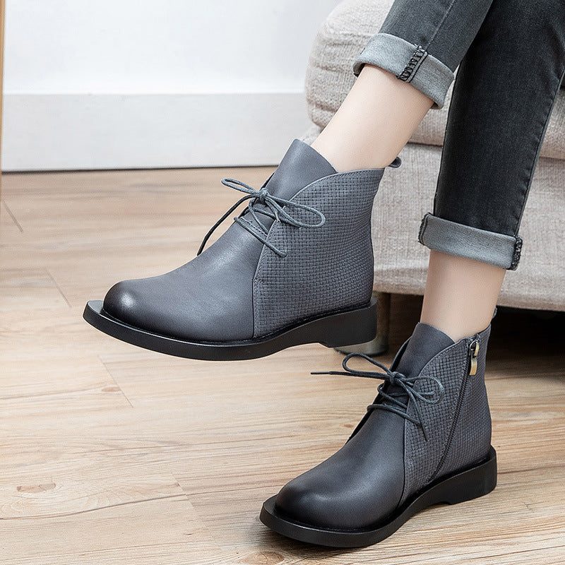 Frauen Frühling Herbst Retro Leder Stiefel Mit Rundem Kopf