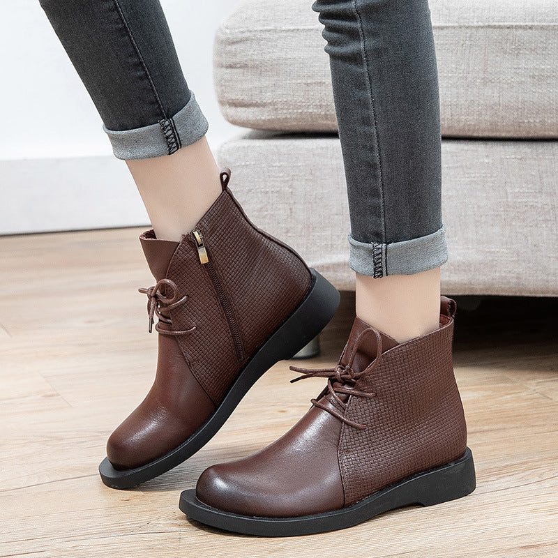 Frauen Frühling Herbst Retro Leder Stiefel Mit Rundem Kopf