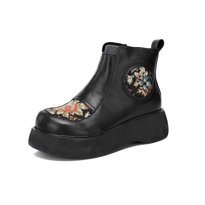 Frauen-frühlings-herbst-plattform-leder-blumenstiefel