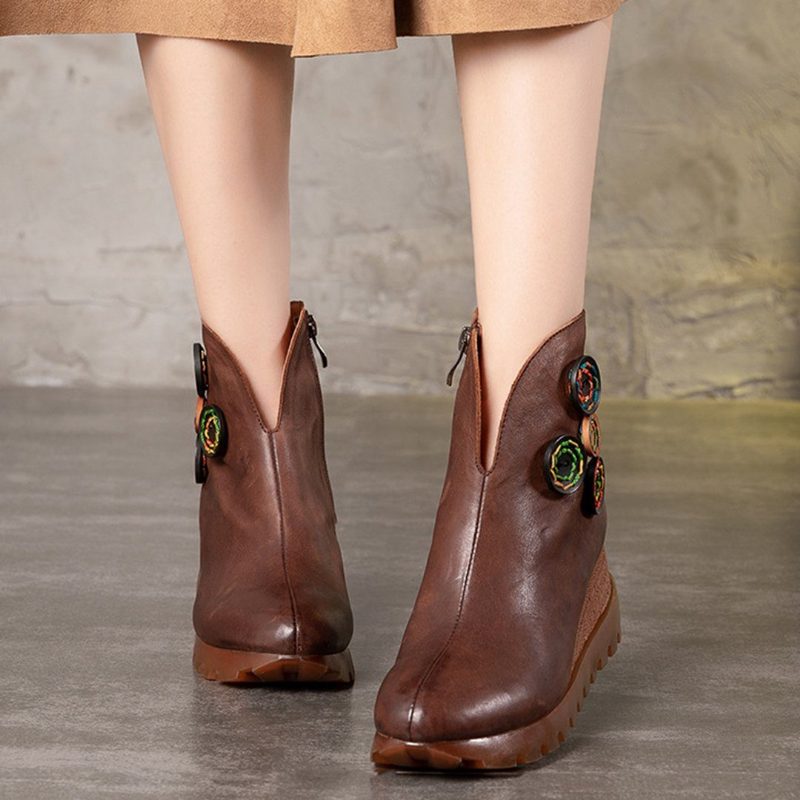 Frauen Leder Bottons Plateau Retro-stiefel