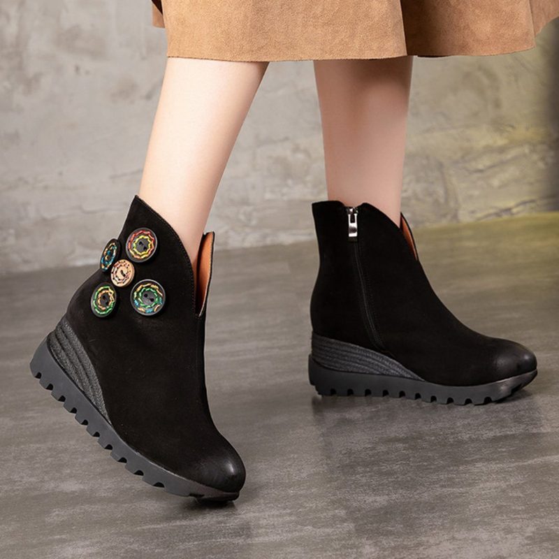 Frauen Leder Bottons Plateau Retro-stiefel