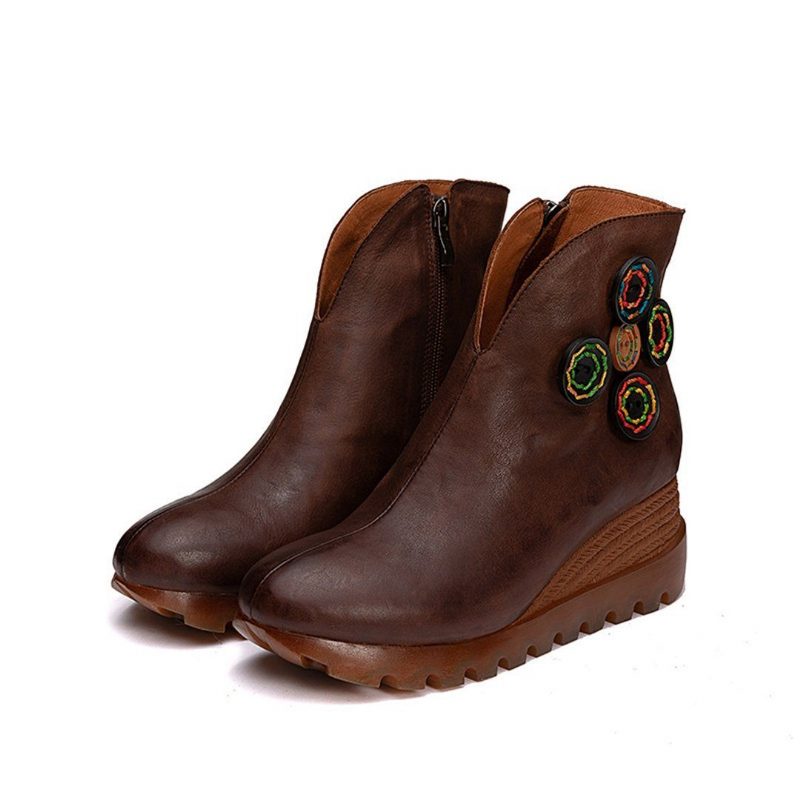 Frauen Leder Bottons Plateau Retro-stiefel