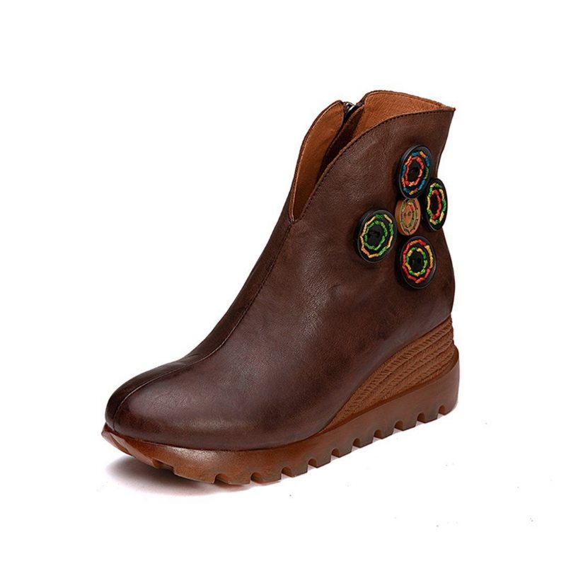 Frauen Leder Bottons Plateau Retro-stiefel