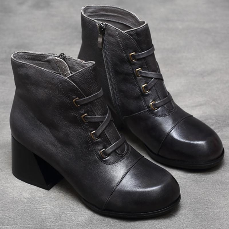 Frauen Retro-stiefel Mit Runder Spitze Und Klobigem Absatz