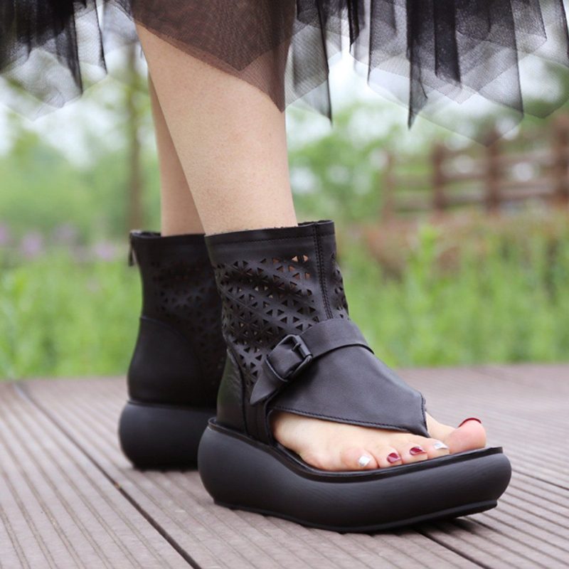 Frauen Sommer Leder Aushöhlen Casual Clip Toe Stiefel Sandalen